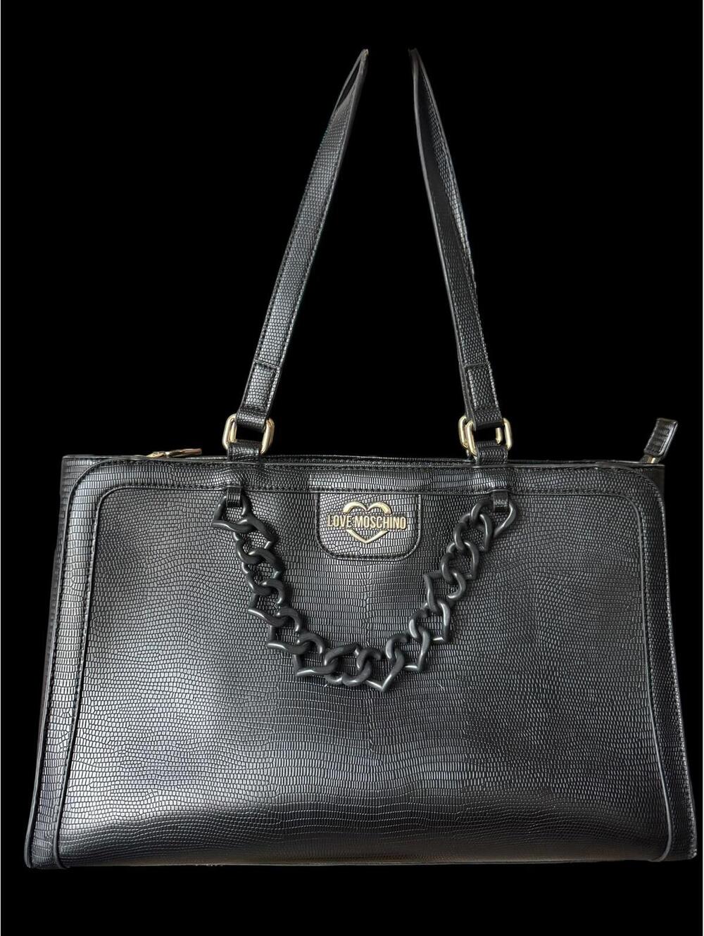 Love Moschino Black Textured Leather Tote with Chain Detail
